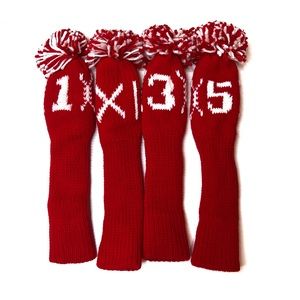 Vintage Never Used Hand Knit Crochet Pom Pom Golf Club Wood Covers Set o…